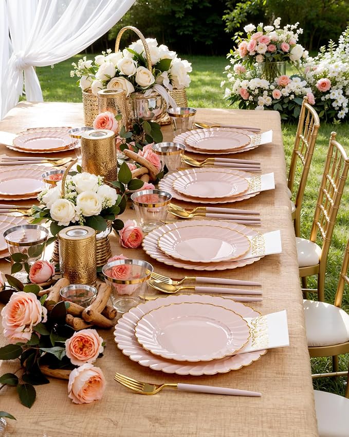 Ciaell 175 PCS Pink Scalloped Plastic Plates with Gold Trim - Pink Plastic Silverware with Handle - Fancy High-End Dinnerware Sets for Wedding & Baby Showers & Party