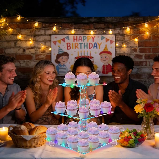 YestBuy 3 Tier Cupcake Stand - Premium Cupcake Holder - Acrylic Cupcake Tower Display - Acrylic Display for Pastry + LED Light String - Ideal for Weddings, Birthday Parties(Multicolored)