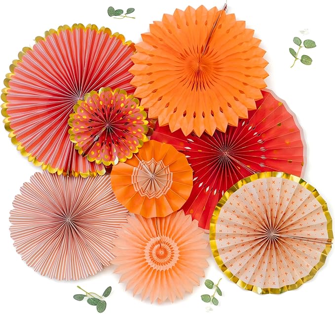 PapaKit 8-Piece Origami Paper Fan Set - Orange & Gold Metallic Hanging Pinwheels – Reusable Wall Backdrop for Birthday, Wedding, Bridal Shower, Baby Shower, & Boho Party Decorations
