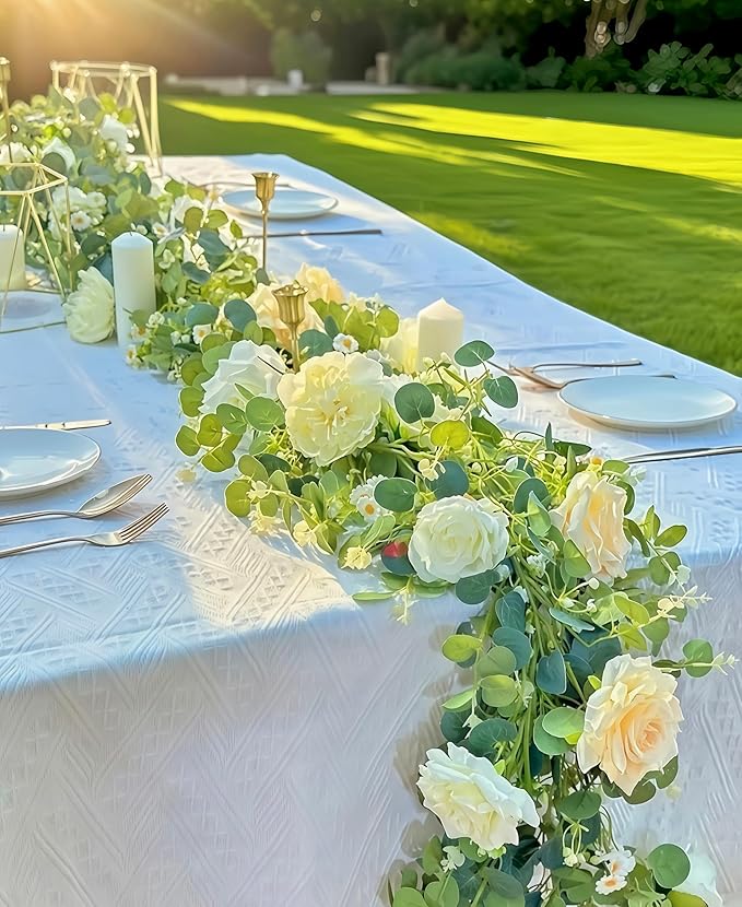 5.9FT Artificial Eucalyptus Garland with Flowers (Roses, Peonies, Daisies); Artificial Flower Garland for Weddings, Backdrops. Artificial Rose Vine For Home Decor, Table Decor, Door & Hanging Decor.