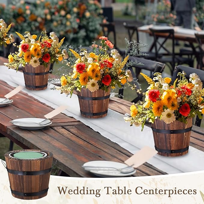 Remerry 6 Pcs Rustic Wood Barrel Planter Boxes with Removable Plastic Liners & Floral Foam Blocks, Farmhouse Decor for Wedding Table, Home, Garden, Kitchen & Party Centerpieces (Classic)