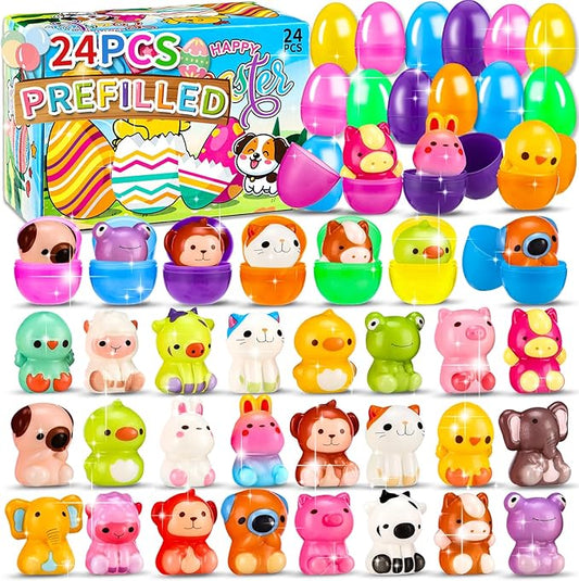 24 Pcs Prefilled Easter Eggs for Kids with Animal Squishy Toys, Easter Eggs Filled for Egg Hunt, Basket Stuffers & Goodie Bag Fillers, Classroom and School Prize Supplies
