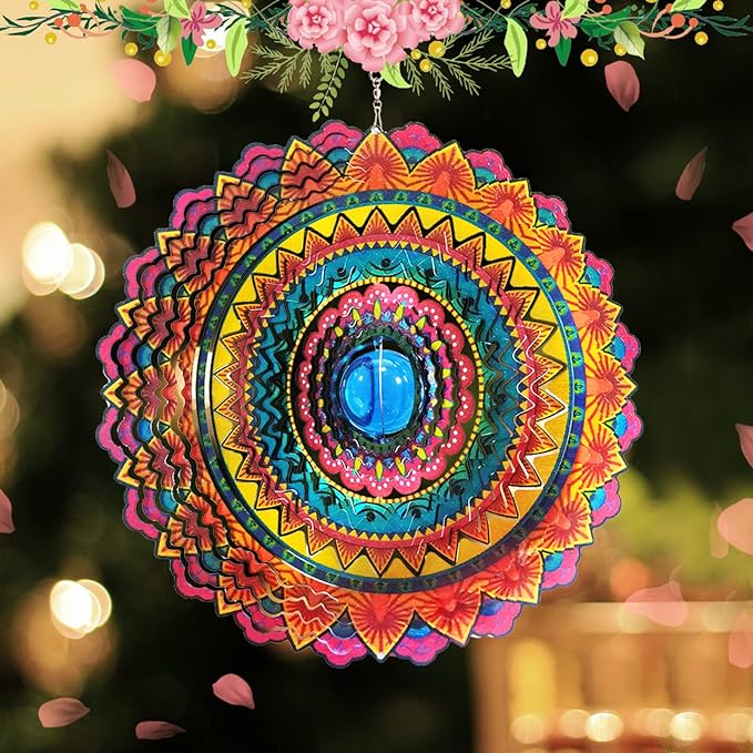FONMY Wind Spinner 3D Stainless Steel Christmas Decoration Room Decor Indoor/Outdoor Garden Decoration Hanging Ornaments Kinetic Yard Art Decorations 12 inches Multi Red Mandala Wind Spinners