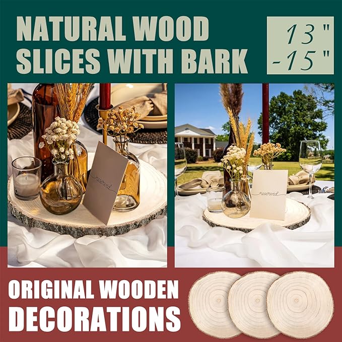 ZYNERY 3 Pcs Wood Slices for Centerpieces 13-15 Inches, Unfinished Wood Rounds Rustic Decor, Natural Large Wooden Circles Centerpieces for Tables, DIY Wedding Decoration Wood Pieces for Painting