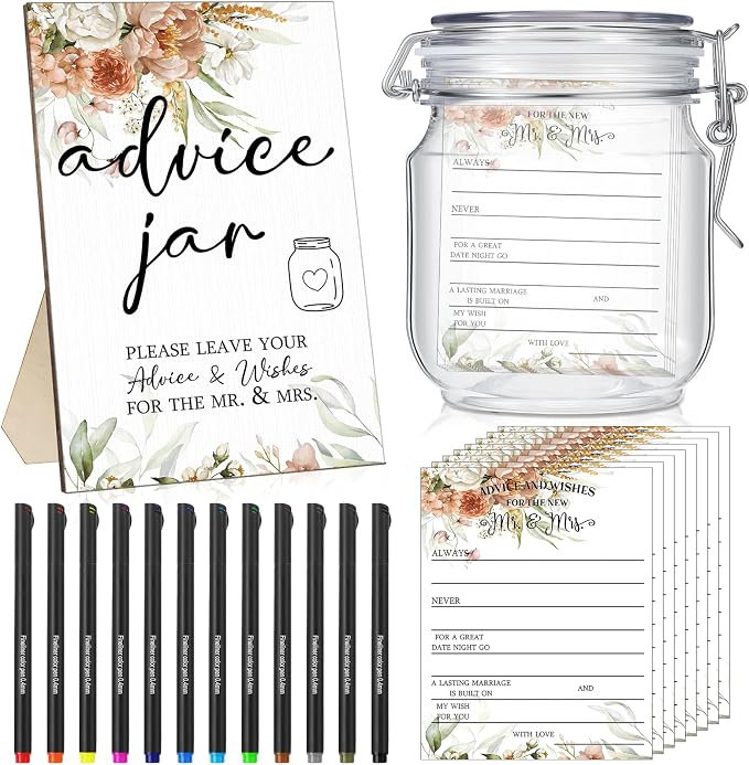 Sintuff 114 Pieces Advice and Wishes Cards Jar - Boho Floral Wedding Decoration, Hilarious Bridal Shower Games, Advice and Wishes Jar and Sign for The Mr and Mrs, Wedding Games for Reception