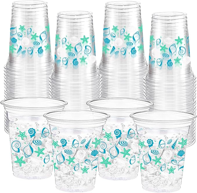 Funnymoom 60 Pack Seashell Beach Plastic Cups 12 oz Summer Beach Starfish Disposable Clear Beverage Drinking Cups for Sea Ocean Pool Birthday Bridal Wedding Baby Shower Party Decoration Supplies