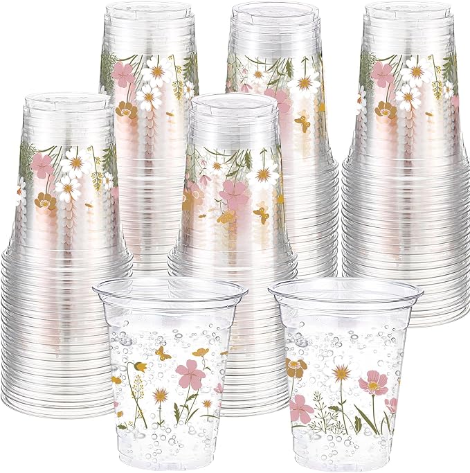 Hushee Boho Wildflower 60 Pcs Party Cups 16 oz Plastic Disposable Drinking Cups for Birthday Love Baby in Bloom Baby Shower Summer Fresh off The Market Bridal Shower Decorations Supplies
