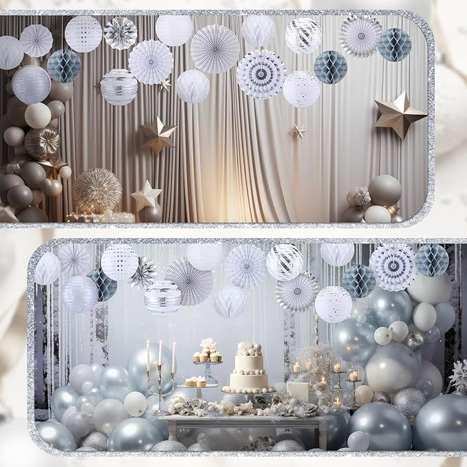 Retisee 18 Pcs Metallic Silver Party Decorations Kit Hanging Metallic Silver Paper Lanterns Paper Fans Honeycomb Balls for Birthday Anniversary Celebration Wedding Graduation Decoration Supplies
