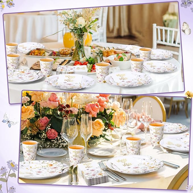 Funnymoom 250 Pcs Miss to Mrs Wildflower Party Decorations Floral Wedding Paper Plates Napkins and Cups Disposable Tableware Set for Wedding Bridal Shower Engagement Party Supplies, Serves 50
