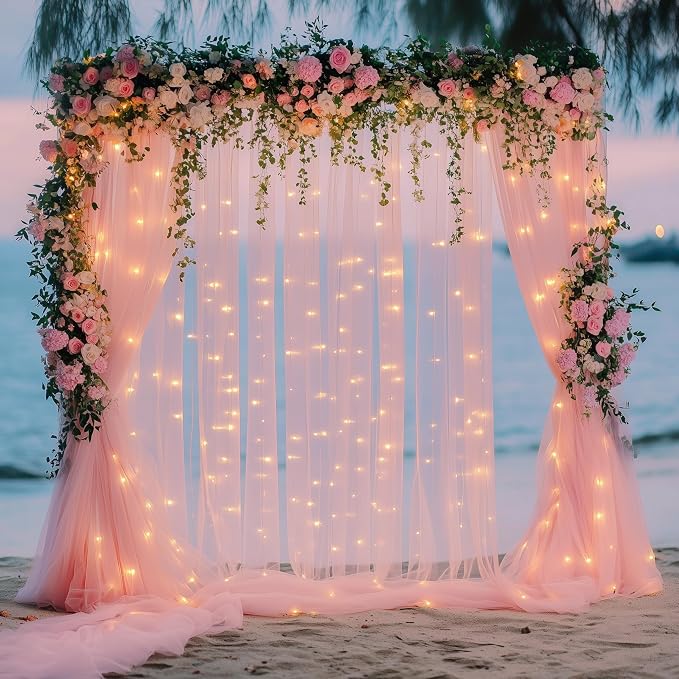 Fomcet Peach Tulle Backdrop Curtains with Lights String 10FT X 8FT Sheer Curtain with Lights Tulle Curtains Backdrop for Wedding Birthday Party Baby Shower Photo Shoot (2 Panels 5x8FT)