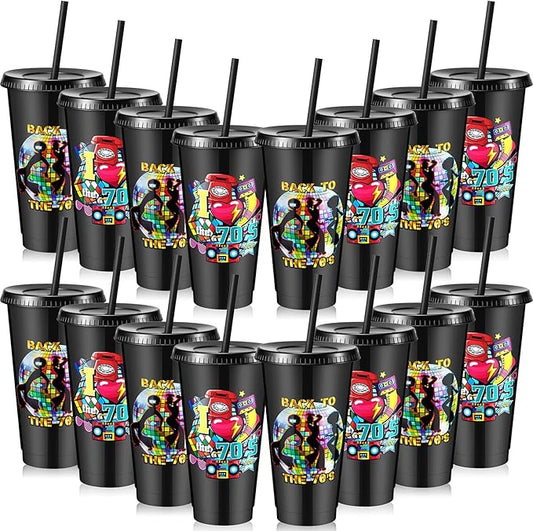 Uiifan 16 Pcs Back to the 70's Party 1970's Birthday Reusable Cups with Lids and Straws 24 oz Plastic Rock and Roll Tumblers Bulk Funny 70s Party Supplies