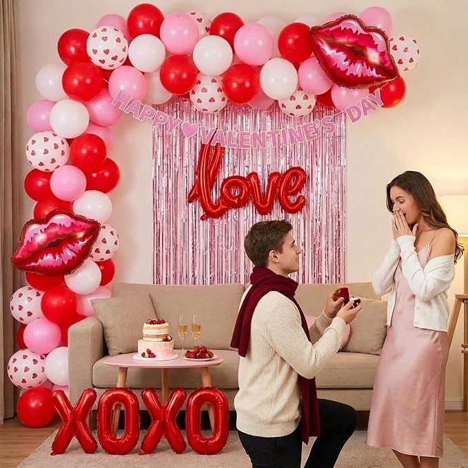 Valentines Day balloon garland arch kit with Banner red Hot pink and love lip heart XOXO balloons for Valentines galentines Day Proposal decorations Hotel Room Surprise