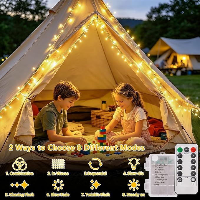 YEGUO Battery Operated String Lights Indoor, 2 Pack Each 33ft 100 LED Twinkle Fairy Lights for Bedroom Classroom Dorm with Remote, 8 Modes Clear Wire Warm White Christmas Lights Outdoor Waterproof