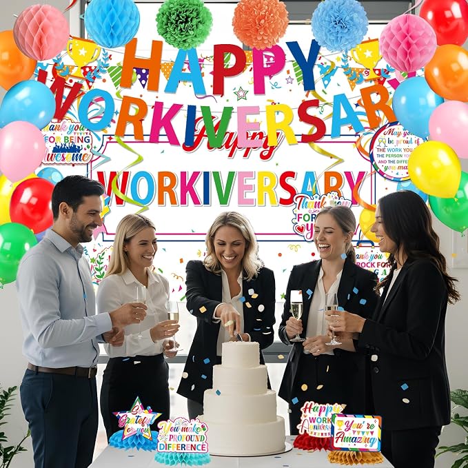 Happy Work Anniversary Decorations, 31PCS Colorful Workiversary Party Decoration Set for Employee Office, Pre-Strung Banner Backdrop Hanging Swirl Honeycomb Centerpiece Balloons Paper Poms