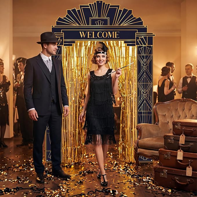 Peryiter 5 Pcs Roaring 20s Party Decorations Welcome Arch, Gold Fringe Curtain and Double Sided Tape for 1920s Theme Party Backdrop Photography Background