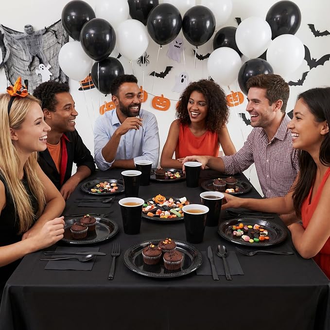352 Pcs Black Plastic Plates Party Set, 50 Guests Disposable Dinnerware Set with Black Tablecloths, Elegant Black Plastic Plates Party Set for Wedding/Corporate Event/Formal Dinner/Gala