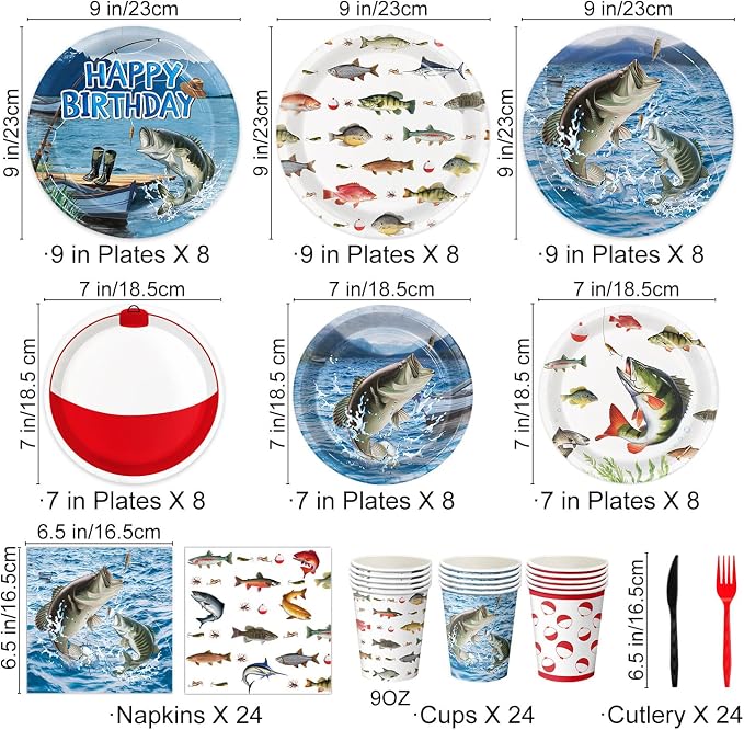 Fishing Birthday Party Decorations Kit with Plates, Napkins, Cups, Cutlery, Honeycomb Balls, Banner, Hanging Swirls, Tablecloths, Toppers, Balloons for Ofishally One Birthday Decorations, Serves 24
