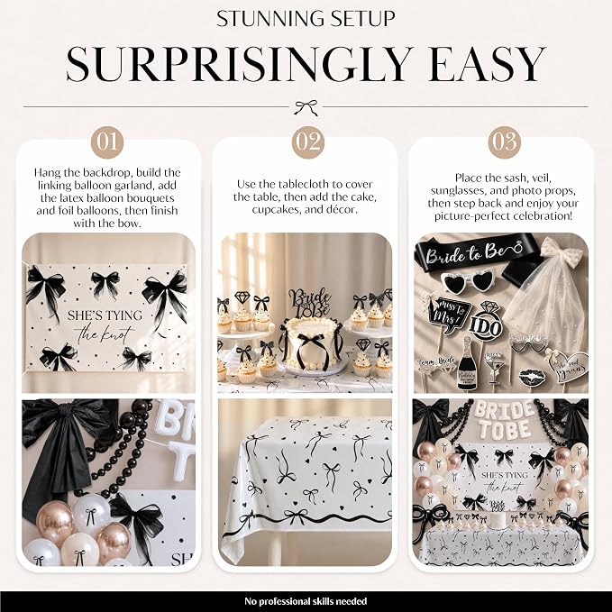 325 Pc Black Bow Bridal Shower Decorations Set - She’s Tying the Knot Bridal Shower Decorations with Black Bow Balloons, Backdrop, Bride to Be Banner - Elegant Bachelorette Party Decor Kit