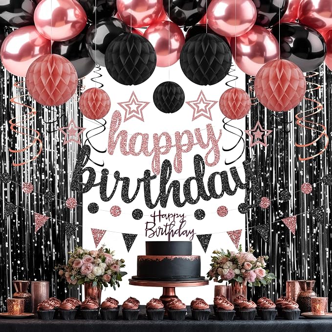 Rose Gold and Black Birthday Party Decorations Set - Happy Birthday Banner Balloons Foil Curtains Hanging Swirls for Women Girls Birthday Party Supplies