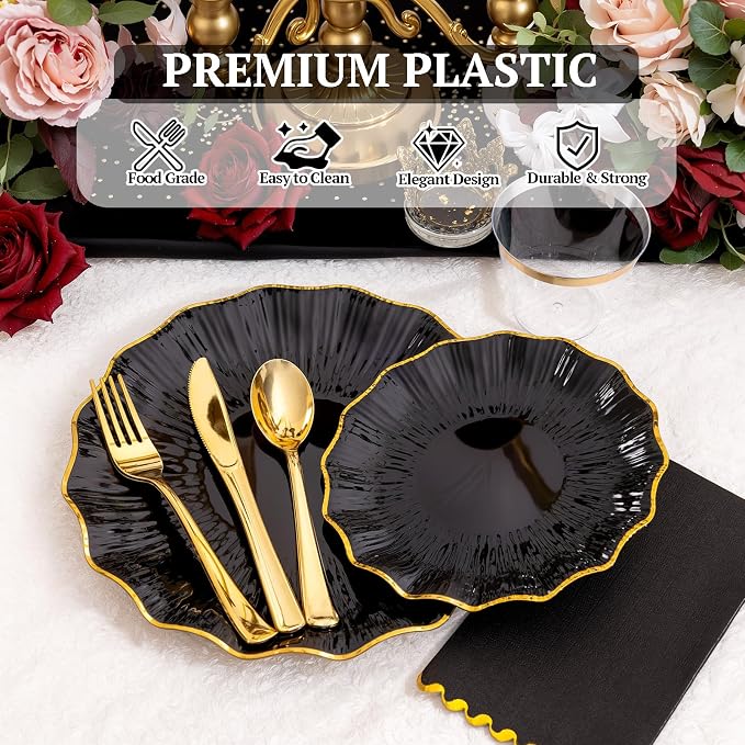 I00000 350 PCS Black and Gold Plastic Plates for 50 Guests, Premium Scalloped Disposable Dinnerware Set Include: 100 Disposable Plate, 50 Napkins, 50 Cups, 50 Silverware Set for Party & Wedding