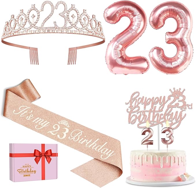 23rd Birthday Decorations for Women, Include 23rd Birthday Sash and Tiara, Cake Topper and Candles, Number Balloons, 23 Year Old Gifts for Women