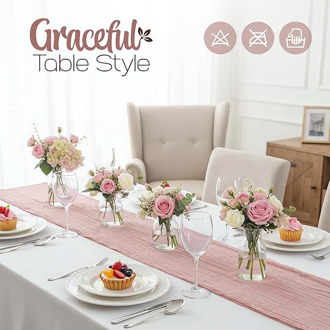 12 Pack Dusty Pink Cheesecloth Table Runners 10FT Long – 35 x 120 Inch Boho Gauze Table Runners for Engagement, Wedding, Baby Shower & Home Decor – Soft Wrinkled Polyester Fabric