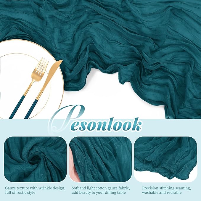 Pesonlook 12 Pack Teal Cheesecloth Rustic Boho Table Runner, 10FT Long Romantic Semi Sheer for Wedding, Baby Shower, Birthday, Bridal Party Decorations (21.5" W x 120" L)