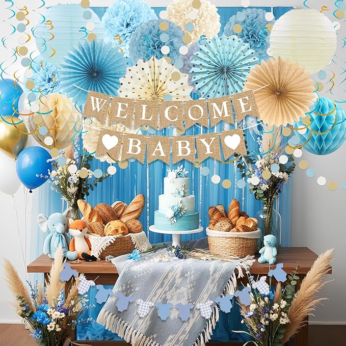 Baby Shower Decorations Kit, Welcome Baby Banner with Dusty Blue Paper Lanterns, Tissue Pom Poms, Honeycomb Balls, Clothes Banner Garland for Boho Baby Boy Shower Party Decorations