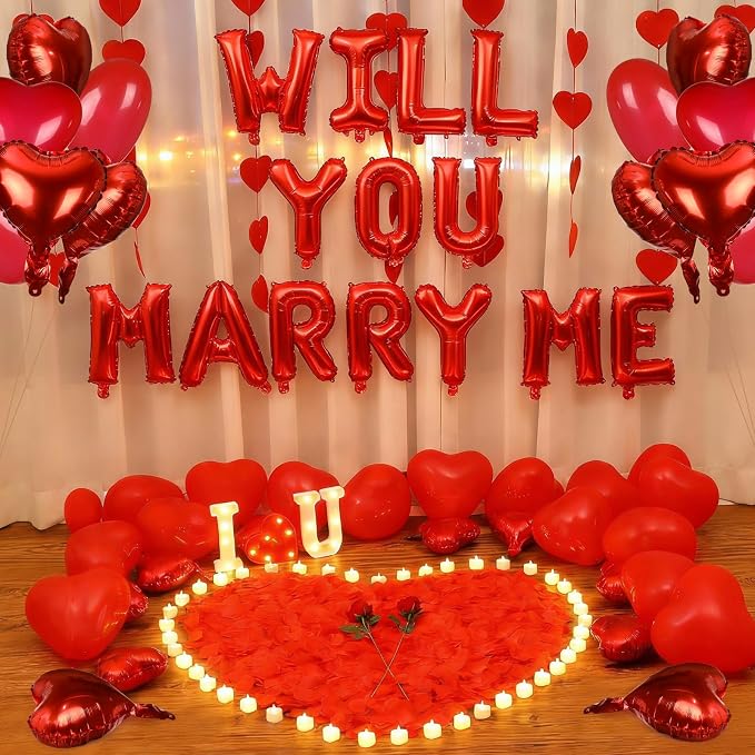 3249pcs Proposal Decoration Anniversary Valentines Day Decoration Romantic Special Night Decor Bedroom Decor Rose Petal LED Hearts "WILL YOU MARRY ME" Balloon Heart Candle Artificial Rose Heart String