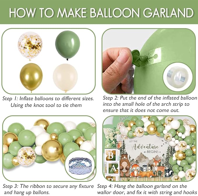140PCS Woodland Adventure Baby Shower Decorations, Let The Adventure Begin Mountain Baby Shower Supplies, Sage Green Balloon Garland Kit, BABY Boxes, Backdrop Banner