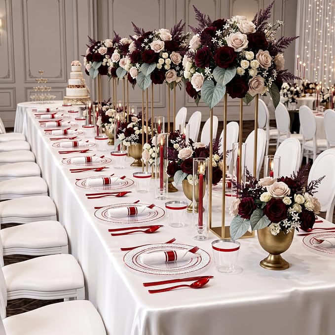 Ciaell 350 PCS Clear and Red Plastic Plates – Red Dinnerware Set for 50 Guests Include 100 Plastic Plates, 50 Pre Rolled Napkins with Cutlery Set, 50 Cups for Wedding