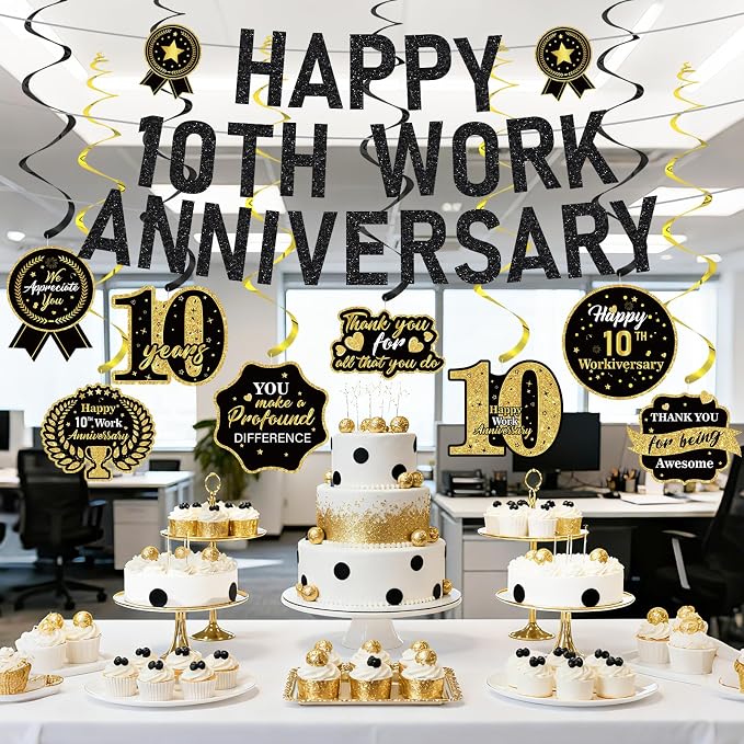11pcs 10 Year Work Anniversary Decorations Black Gold Happy 10th Work Anniversary Banner Hanging Swirls Employee Appreciation Decorations Supplies 10 Year Workiversary Gifts for Employee Worker