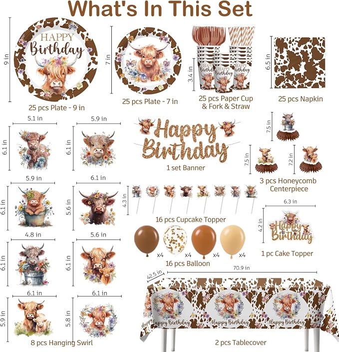 197pcs Brown Cow Birthday Decorations Include Tableware Set, Banner, Hanging, Tablecloth, Balloon, Cupcake Topper, Centerpiece, for Western Farm Animals Kids Birthday Baby Shower, Serves 25