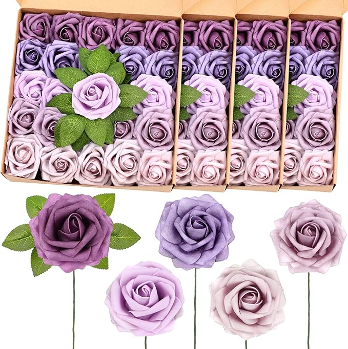 100 Pcs Artificial Foam Rose Flower Faux Bouquet Wedding Fake Rose Gift for Mother's Day Women DIY Bridal Shower Party Table Birthday Home Spring Decor (Gradient Light Purple)
