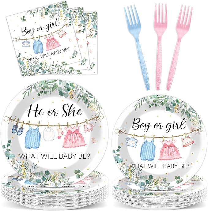 96Pcs Greenery Gender Reveal Party Decorations for Boy or Girl Baby Shower Plates Napkins Tableware Gender Reveal Disposable Baby Clothes Theme Plates He or She Paper Party Supplies for 24 Guests