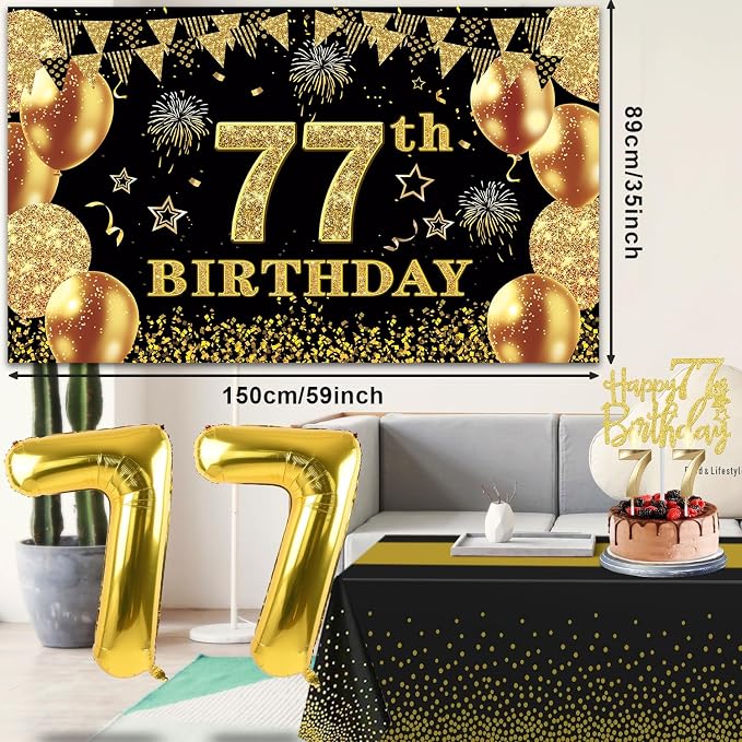 77th Birthday Decorations Men Women with 77th Birthday Banner, Black and Gold Table Cloth, Number Balloons, Sash, Cake Topper and Candles