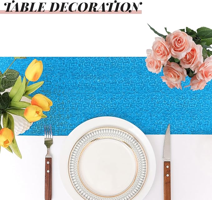 Sugargirl 10 Packs 12 x 72 inches Sequin Table Runner, Glitter Turquoise Table Runner for Birthday Party Supplies Wedding Holiday Celebration Event Decorations
