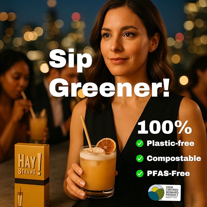 Hay Straws 8 inch Compostable Drinking Straw Eco Friendly, 250 Count Biodegradable Disposable Straw for Juices, Smoothies, Sturdy Plant-Stem Straws, No Paper, Plastic-Free (5–6.5mm)