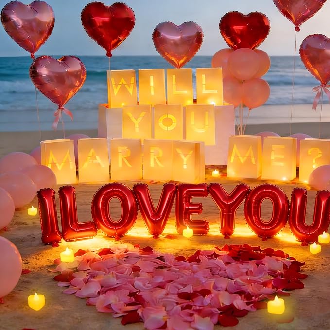 Will You Marry Me Light Up Letters Proposal Decorations,Glowing Luminary Letter Bags with LED Tea Lights, Rose Petals,Heart Balloons for Proposal,Engagement Party,Valentine’s Day,Romantic Night