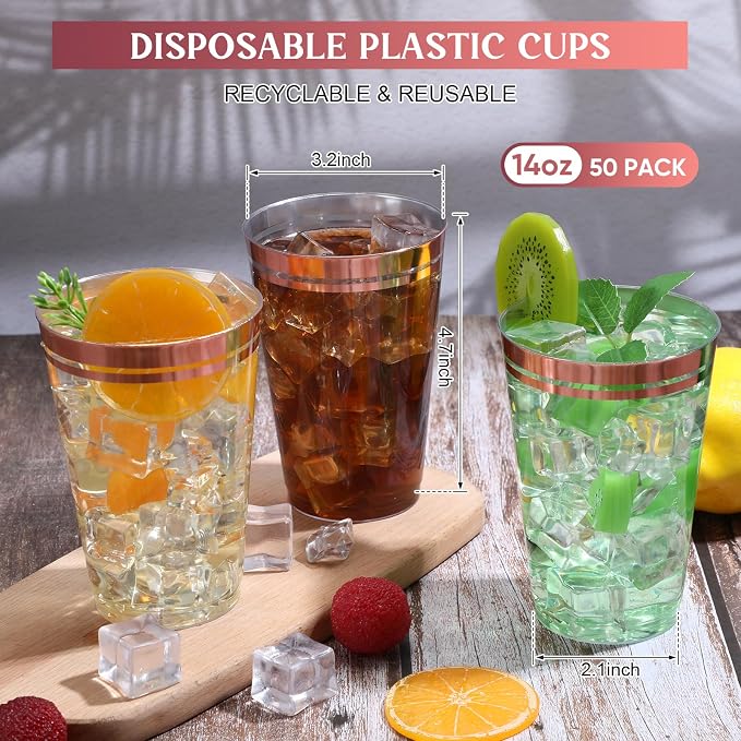 Sliner 50 Pcs Hard Plastic Cups Double Rimmed Plastic Cups Heavy Duty Fancy Wine Glasses for Holiday Christmas New Year Winter Birthday Party Supplies(14 Oz,Rose Gold)
