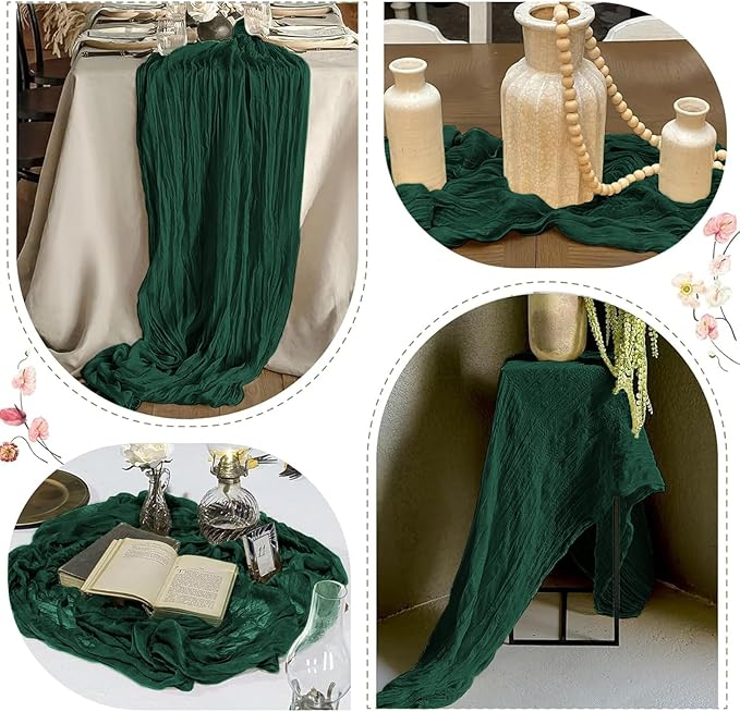 25 Pack Emerald Green Cheesecloth Table Runner 17 x 108 Inch Gauze Table Runner Fabric Semi Sheer Cheese Cloth Table Runner Bulk for Rustic Romantic Wedding Baby Shower Table Decoration