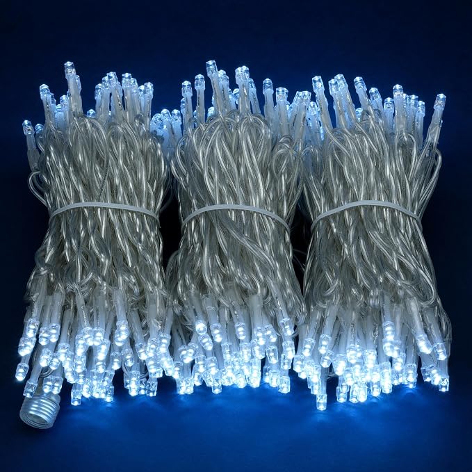 YULETIME 300 Cool White String Lights, 100 ft Clear Wire 8 Models 5mm LED | Wide Angle Bulbs, Safe 29V Adapter, Multimode Lighting, Connectable, 100' Total Length, 1-Strand 300 Lights, 4" Spacing
