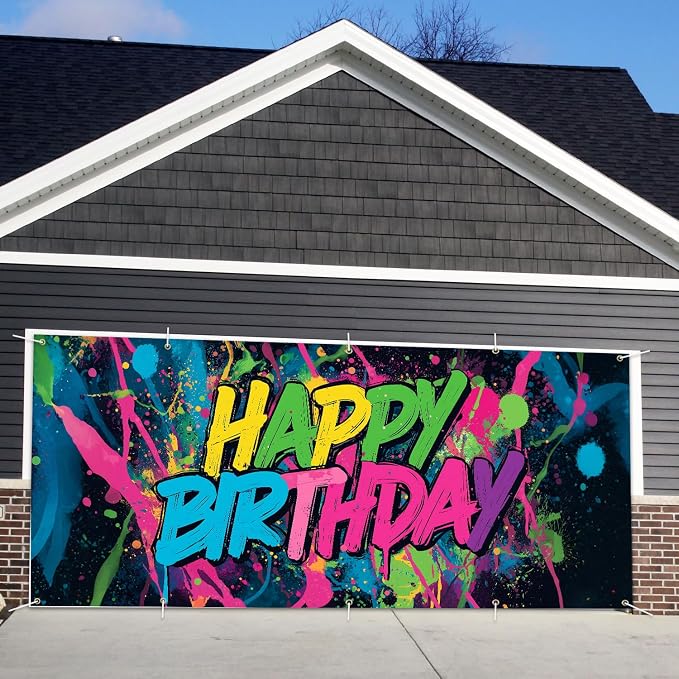 Neon Paint Splatter Birthday Backdrop 7x16ft Waterproof -Graffiti Garage Door Banner for Teen Party,Youth Photo Booth Background Wall Decor