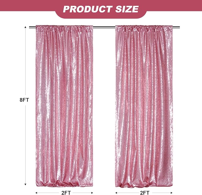SquarePie 2 PCS 2x8ft Fuchsia Pink Sequin Backdrop Curtains, Satin-Backed Shimmering Photo Booth Background, 2 Panels Narrow Real Sequin Drapes with 4" Rod Pocket for Party, Baby Shower, Doorway Decor