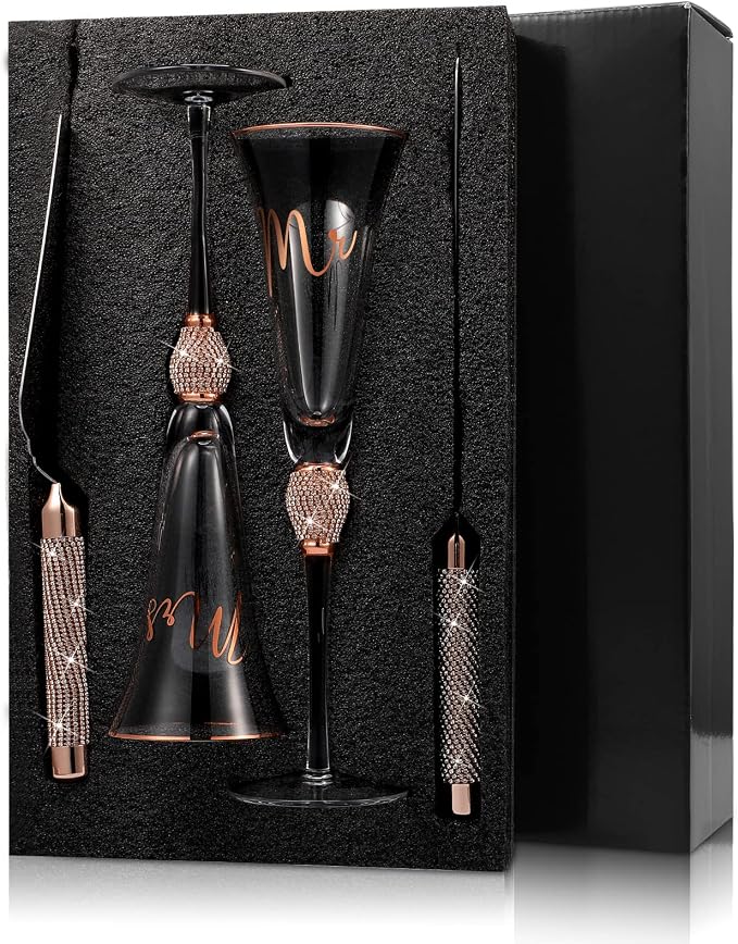 Boao 4 Piece Mr and Mrs Champagne Flutes and Cake Knife Server Set Crystal Wedding Toasting Flutes Rhinestone Cake Cutting Set for Bride and Groom Wedding Engagement Bridal Shower Gifts(Rose Gold)
