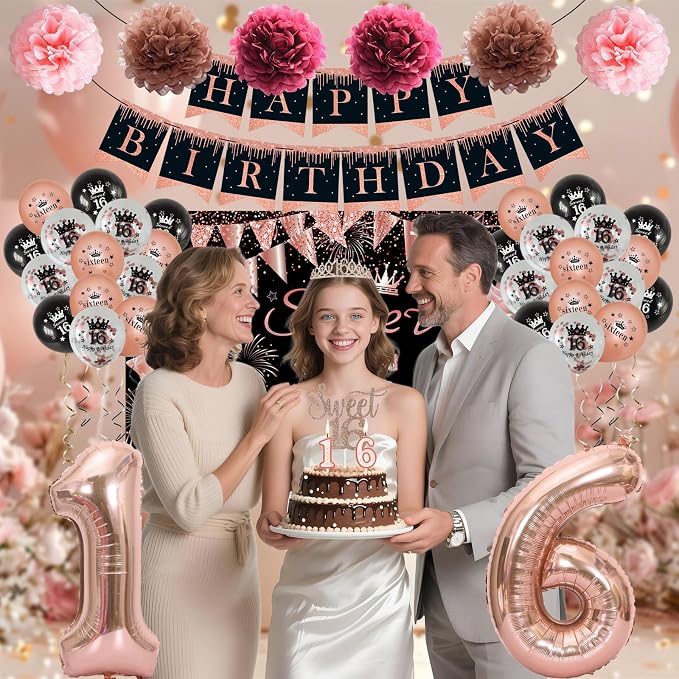Sweet 16 Party Decorations, Happy 16th Birthday Decorations for Girls, Black Rose Gold Sweet Sixteen Decor Include Sash and Crown, Balloons, Banner, Backdrop, Cake Topper & 6pcs Paper Pom Poms