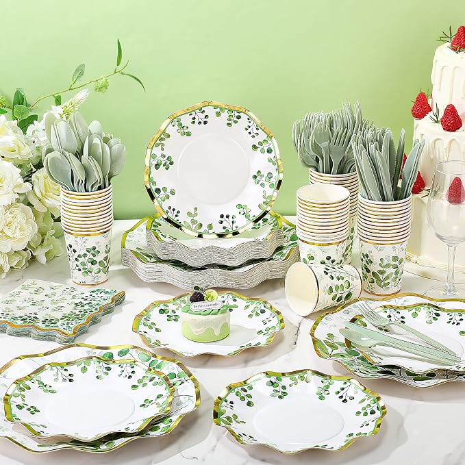 Ziliny 350 Pcs Sage Green Party Supplies Tableware Set Disposable 9'' 7'' Paper Plates 9 oz Cups Cutlery Napkins Dinnerware Set for Wedding, Bridal Birthday Serve 50 (Sage, Green, Gold)