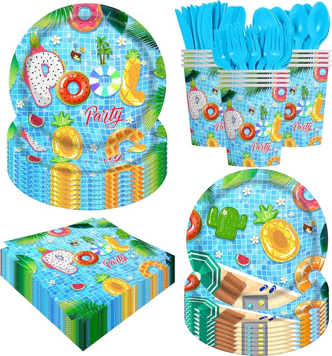 140PCS Summer Pool Party Decorations Set Swimming Beach Ball Themed Birthday, Tropical Hawaii Holiday Tableware Supplies Includes Plates, Napkin, Fork, Cup, Serves 20