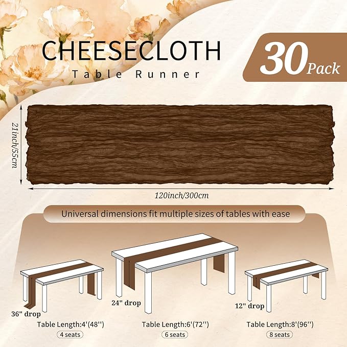 30 Pack Cheesecloth Table Runner 10FT Brown Table Runner Boho Gauze Cheese Cloth Table Runners Long Rustic Sheer Table Decorations for Wedding Party Baby Bridal Shower Birthday Holiday Home