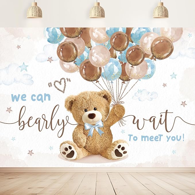 We Can Bearly Wait Backdrop 7Wx5H Feet, Bear Baby Shower Decorations for Boys, Cute Lovely Cartoon Balloons Baby Shower Party, Bear Photography Backgrounds Newborn Photo Shoot Decor Props